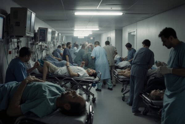 A busy hospital corridor with patients on stretchers and medical staff attending to them.