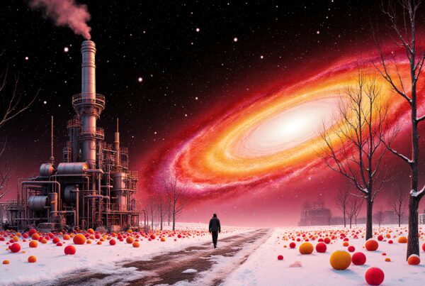 A person in a snowy landscape walks towards a colorful swirling galaxy, flanked by an industrial structure and bare trees.