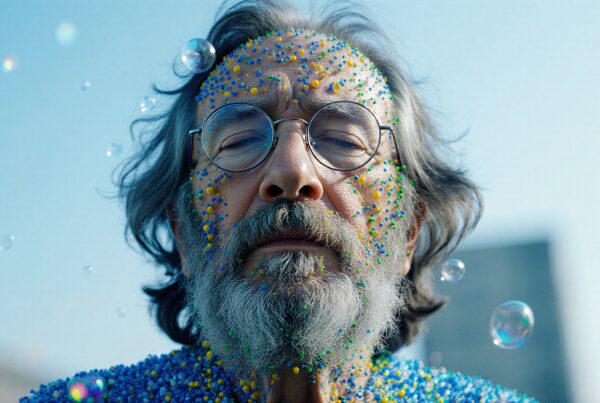 Elderly man with colorful face paint and bubbles floating.