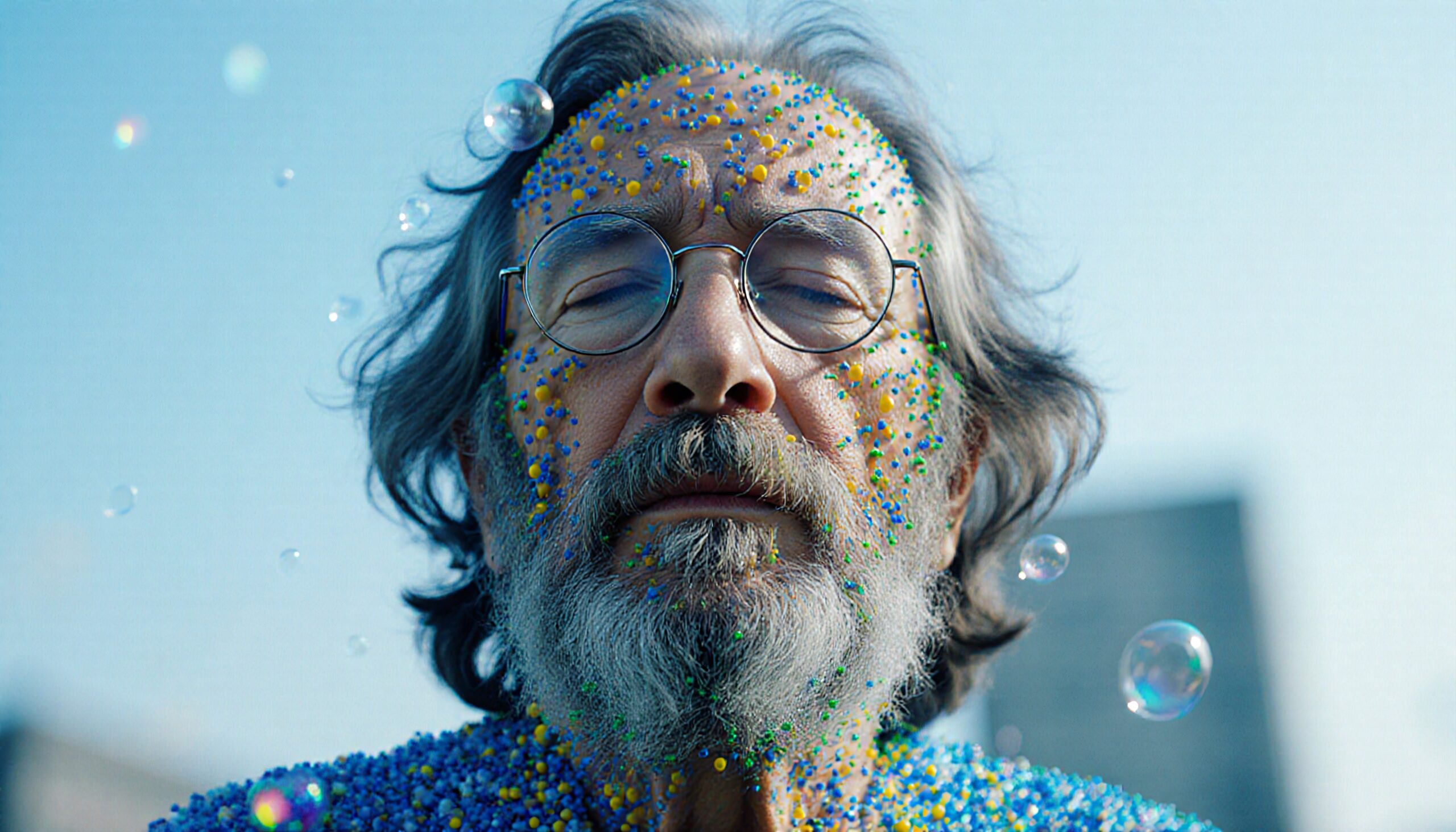 Colorful Bubbles Surround Elderly Man