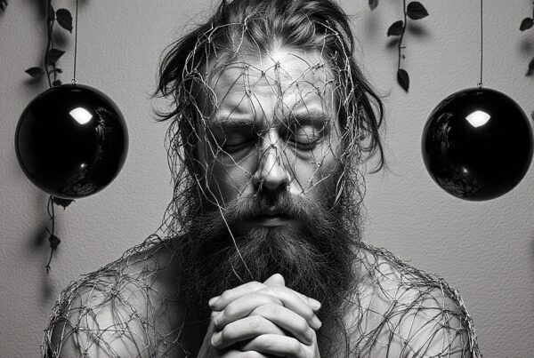 A contemplative bearded man encased in wire against a minimalist background with hanging spheres.