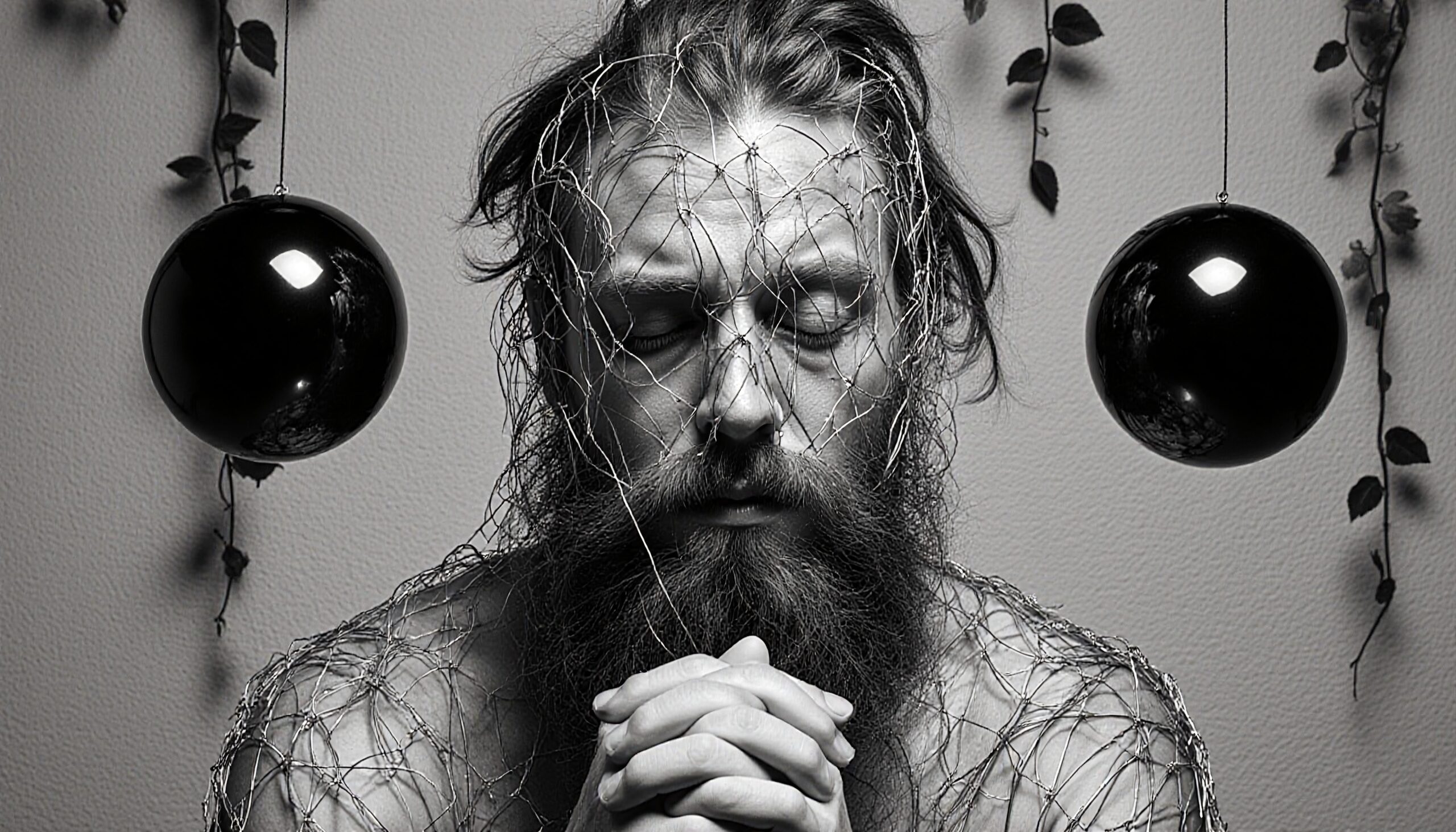 Wired Contemplation Amid Hanging Spheres