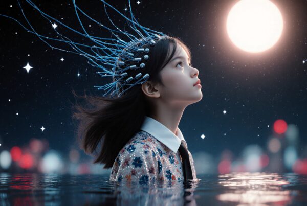A girl with a futuristic headpiece gazes at the moon in a starry night.