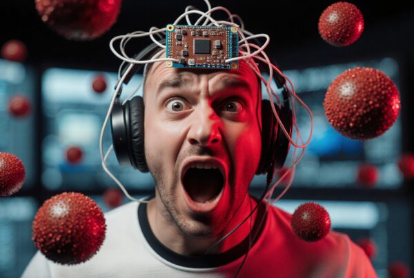 A man with a circuit board on his forehead, wearing headphones, surrounded by digital virus models, depicting technology and human integration in a high-tech environment.
