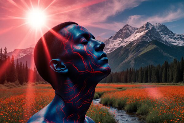 A neon-skinned person in a vivid natural landscape with surreal sunlight, orange flowers, and majestic mountains.