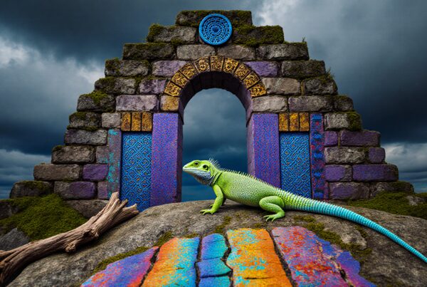 A vibrant green lizard rests on a colorful stone archway under a dramatic cloudy sky.