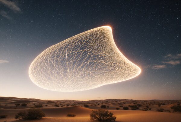 A glowing net-like structure in a starry desert night sky.