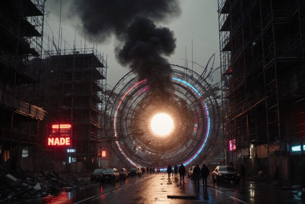Dystopian urban scene with neon lights and massive circular structure emitting intense light.