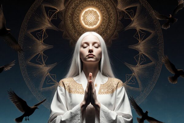 Serene woman in prayer with ornate halo and birds.