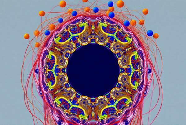 A vibrant abstract mandala with colorful spheres.