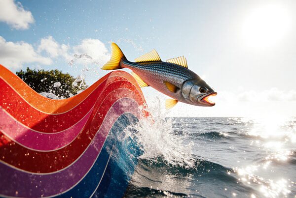 A vibrant fish jumps over a colorful rainbow wave under a bright sunlit sky.