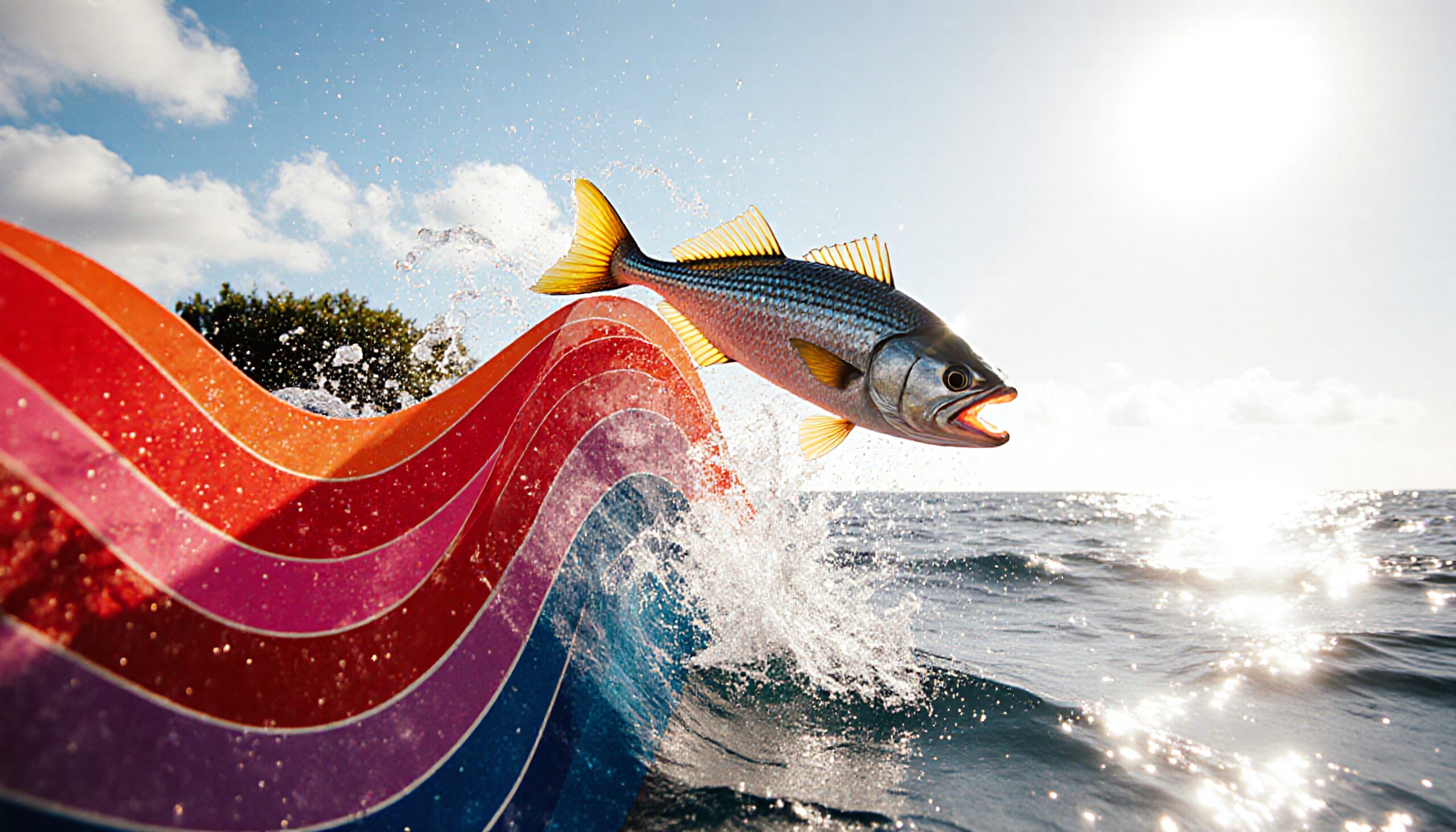 Fish Leaping Over Rainbow Wave