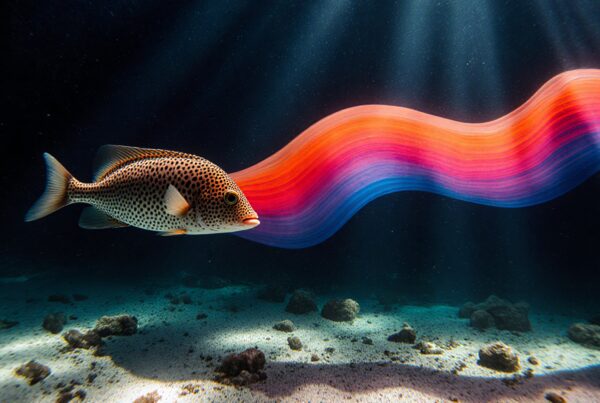 A spotted fish swims underwater with a colorful, wavy ribbon behind it, illuminated by sun rays filtering through the water.