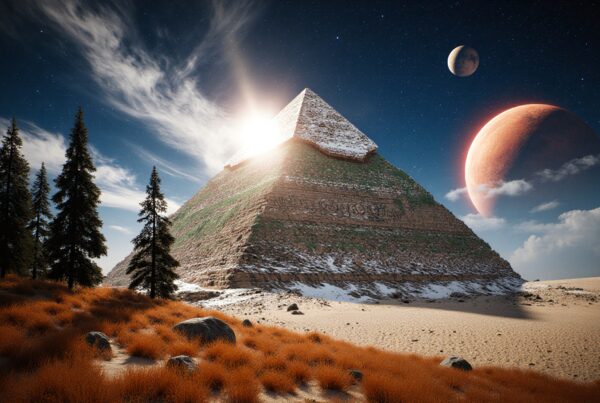 A pyramid under a starry sky with planets, surrounded by desert, trees, and grasses.