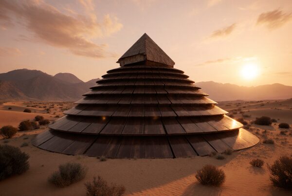 Stepped wooden pyramid in desert sunset, surrounded by dunes and sparse vegetation.