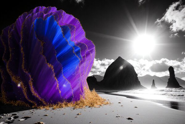 A vibrant purple and blue abstract sculpture on a monochrome beach with dramatic rock formations and a bright sun above.