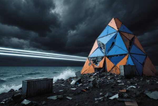 Futuristic pyramid stands on stormy coastal shoreline.