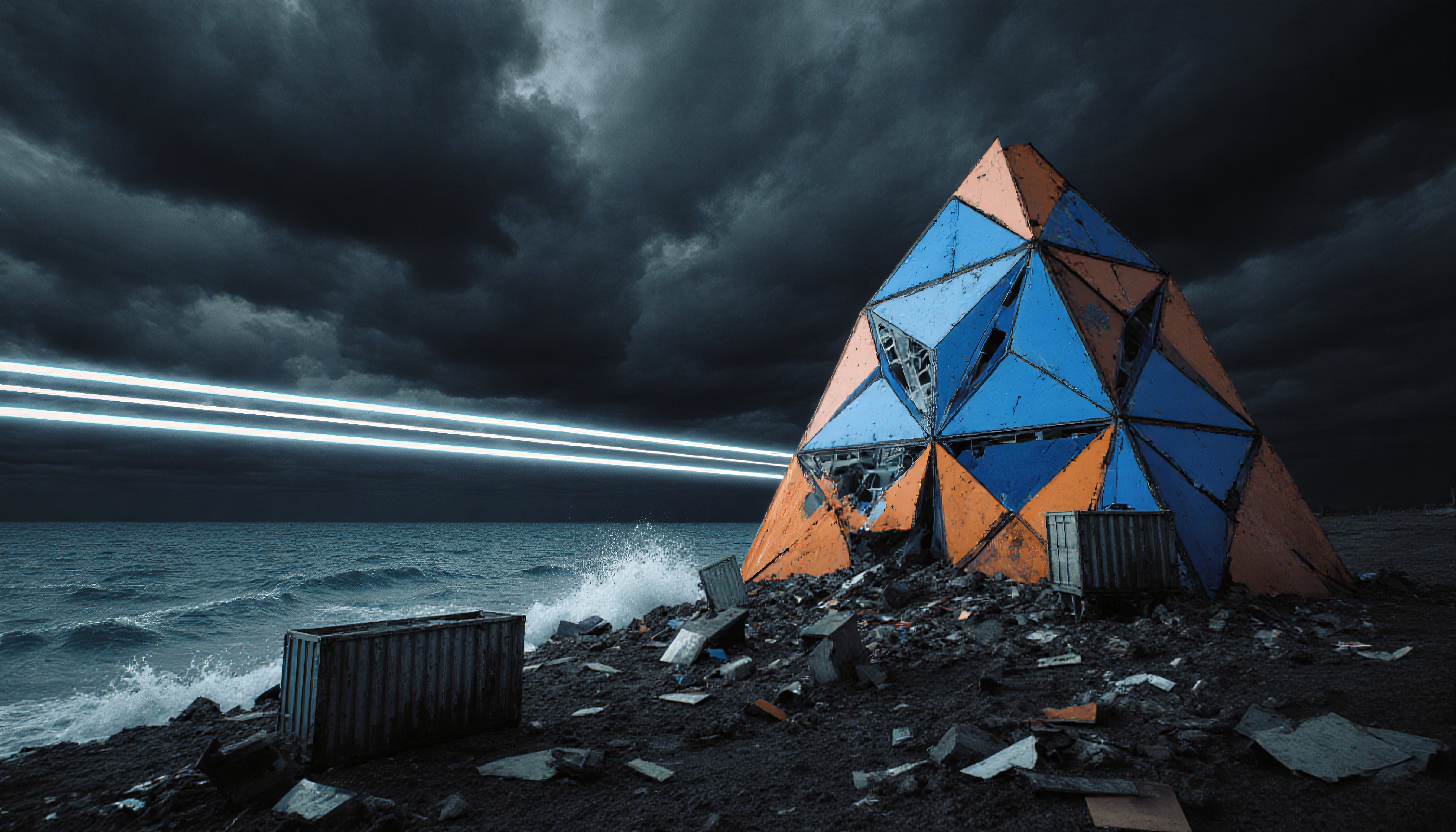 Futuristic Pyramid on Stormy Shore