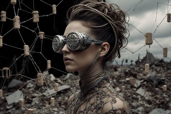 Futuristic woman wearing intricate metallic goggles in a desolate landscape with geometric structures.