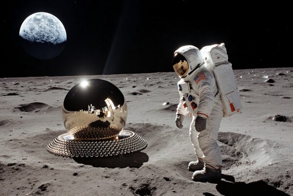 Astronaut on the moon with reflective sphere, Earth in distance.