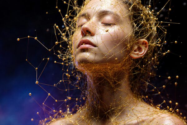 A woman enveloped in golden threads, surrounded by a dark, ethereal background, exuding tranquility and elegance.
