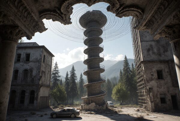 Spiral tower amidst abandoned buildings and misty mountains.