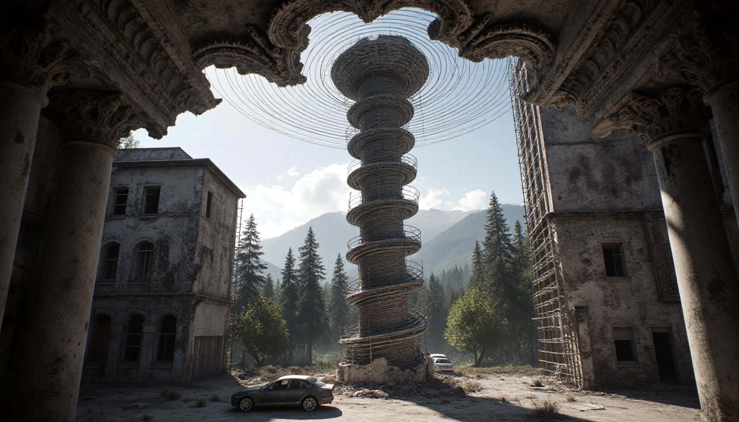 Spiral Tower Amidst Abandoned Buildings