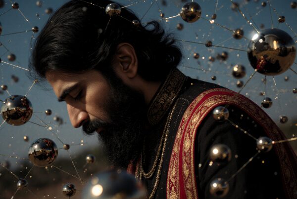 Thoughtful man surrounded by reflective metallic spheres against a sky backdrop.