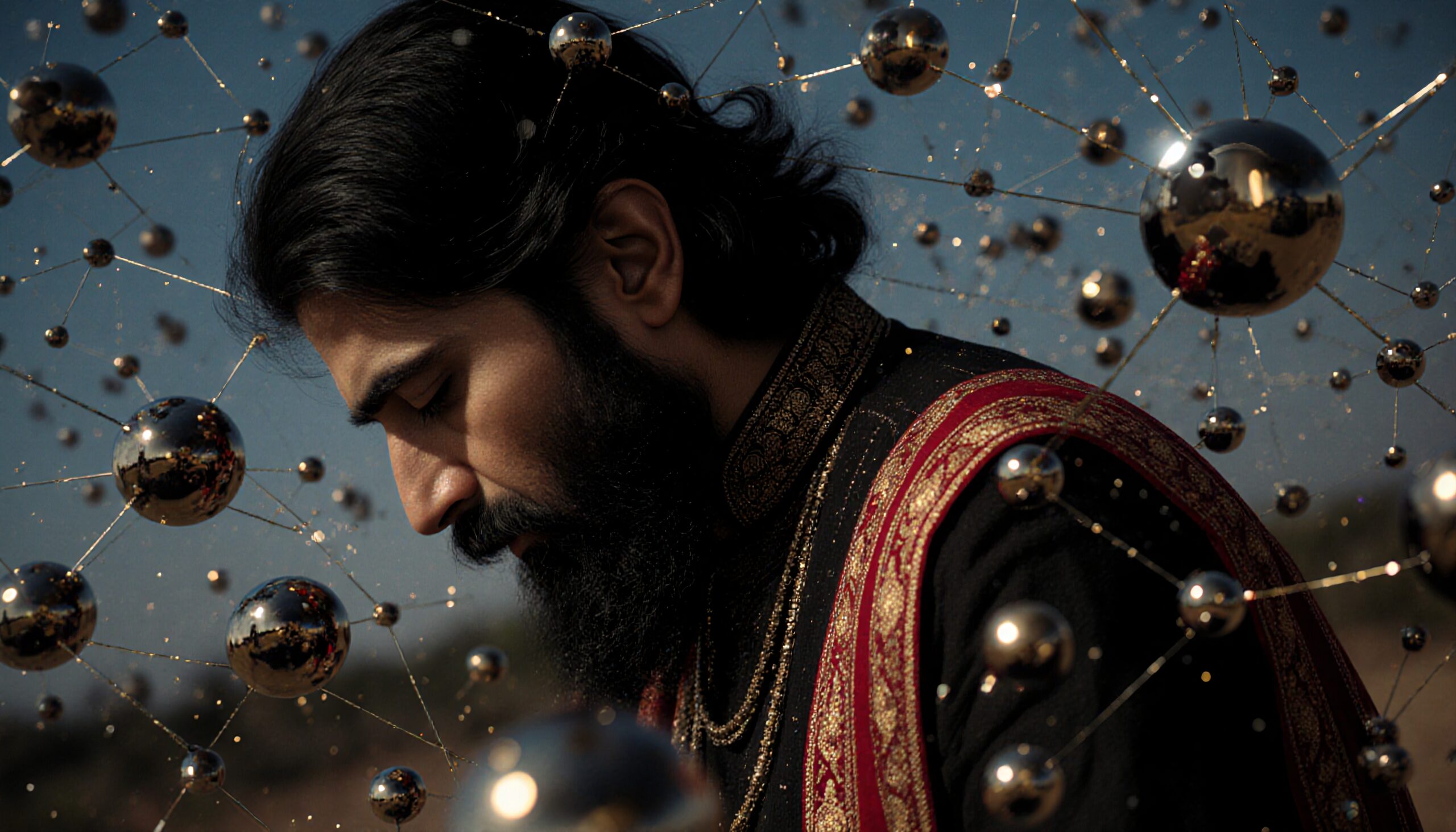 Reflective Orbs Surrounding Thoughtful Man