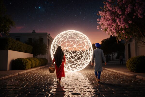 A woman and man walk towards a glowing sphere under a starry twilight sky on a serene cobblestone street.