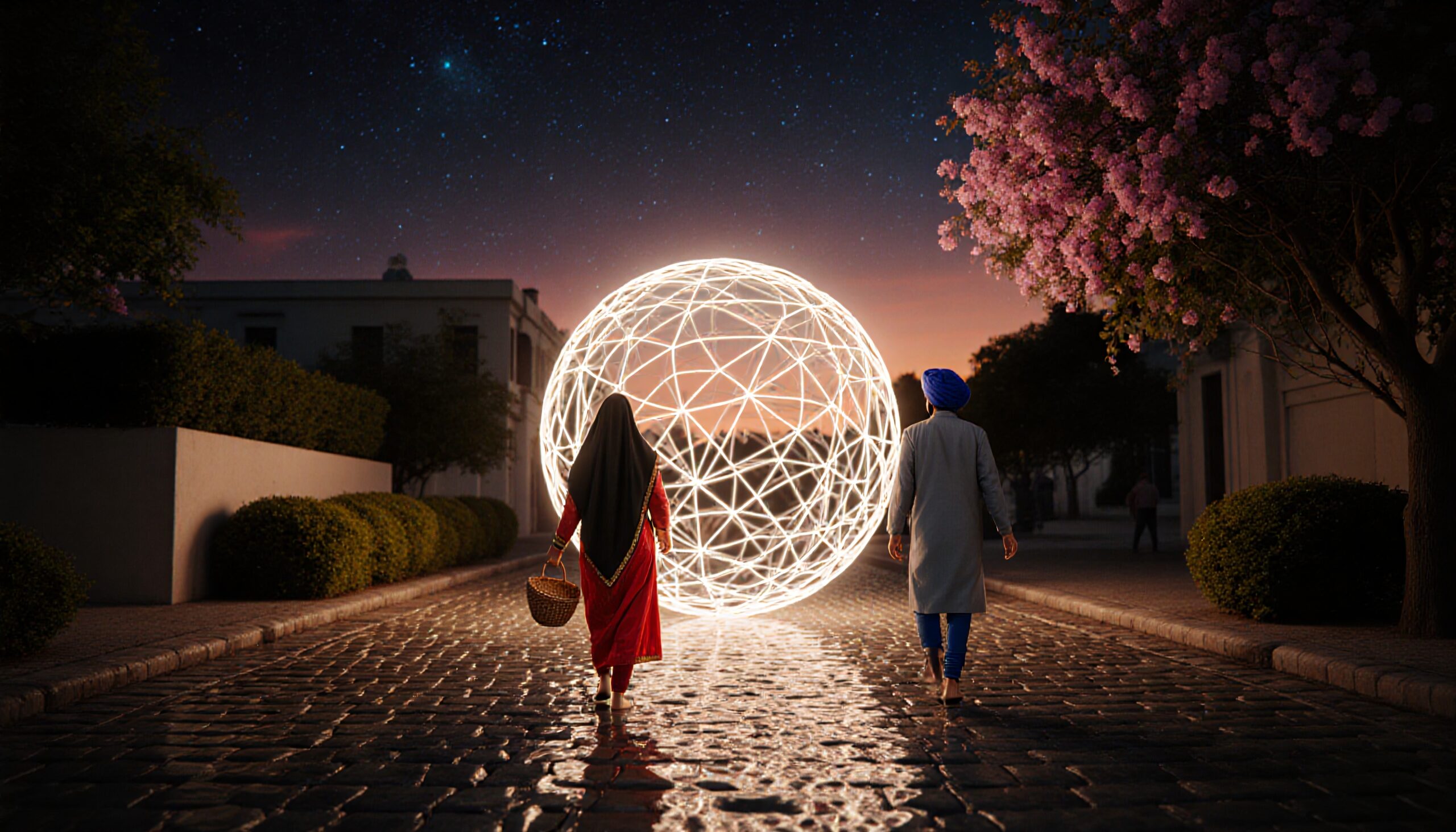 Glowing Sphere on Starlit Street