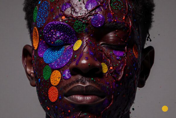 A close-up of a vibrant face covered in colorful abstract designs, showcasing artistic expression and vivid textured patterns.