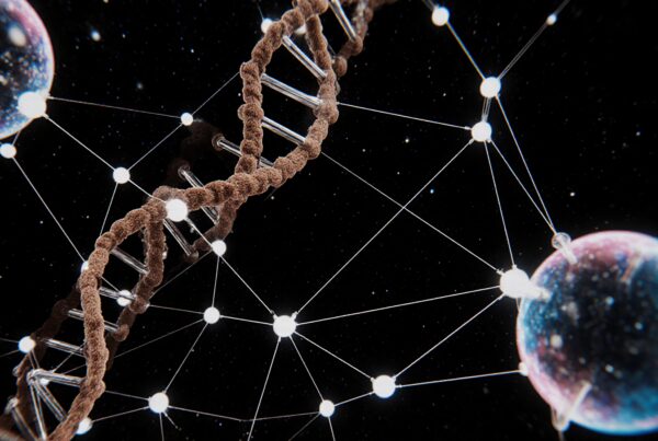 A DNA helix intertwined with a cosmic digital network against a starry background, illustrating the connection between biology and technology.