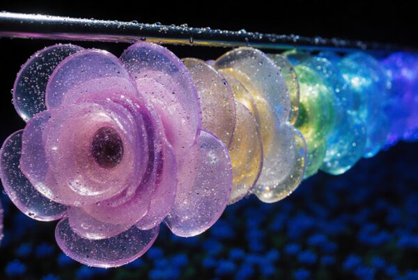 Translucent multicolored flowers glistening with water droplets.