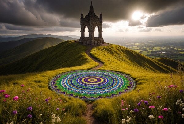 Majestic hilltop structure with mandala pattern and wildflowers in atmospheric landscape.