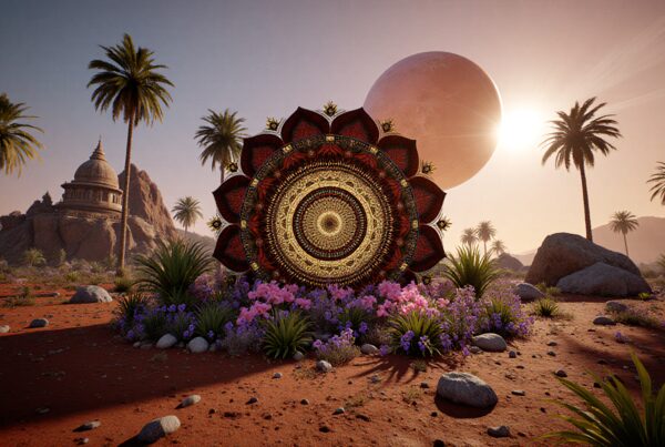 A colorful mandala with flowers and a desert temple under a sunset sky with a planet.