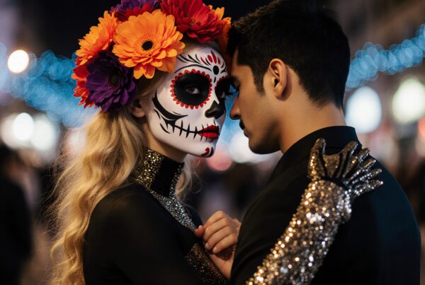 Day of the Dead themed couple with intricate face paint and floral headpiece at night.