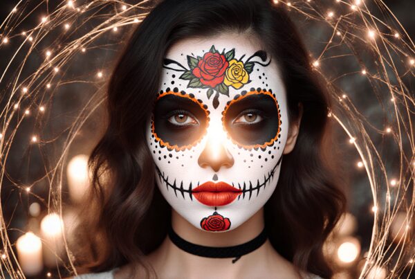 A woman with Day of the Dead makeup, highlighted by glowing lights and artful details, exudes vibrant festive charm.