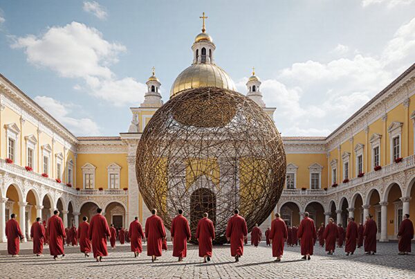 Monks in red robes surround a giant woven sphere in a historical courtyard with ornate yellow architecture and domed buildings under a clear sky.