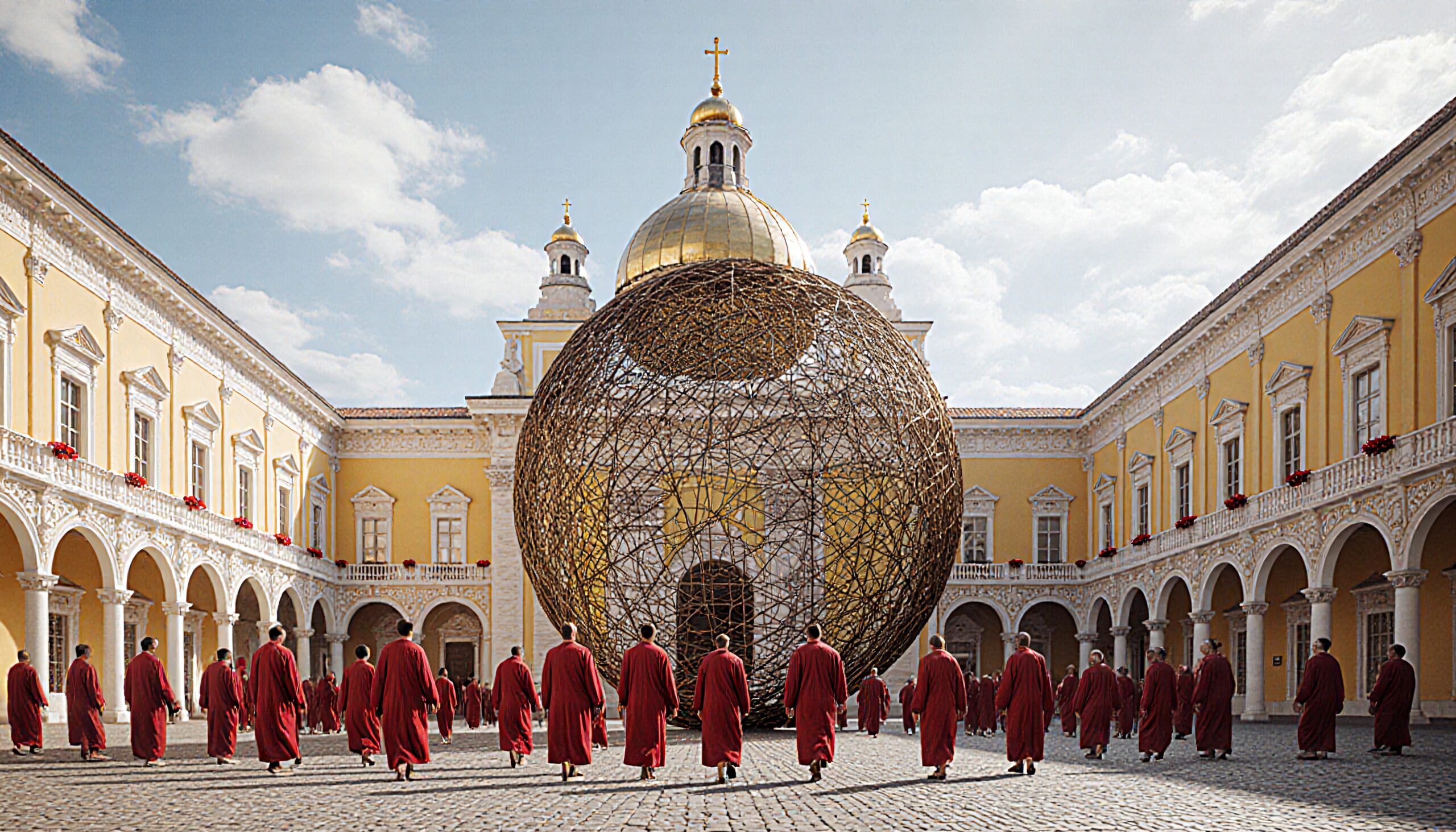 Monks Gather in Historical Courtyard