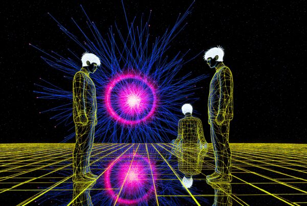 Three neon figures, cosmic grid, vibrant energy sphere, digital futuristic scene, sci-fi art.