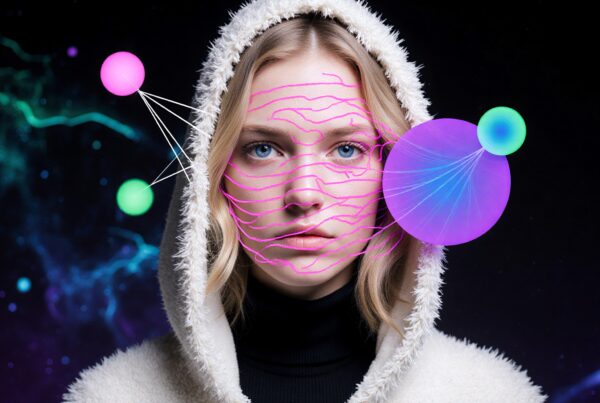 A woman in a hooded jacket with digital pink lines on her face, surrounded by colorful spheres, against a cosmic background.