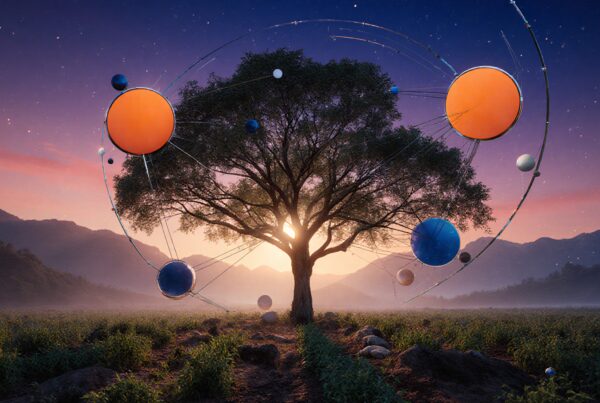 A solitary tree surrounded by cosmic spheres and lines at sunrise or sunset.