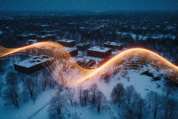 A snowy urban landscape with buildings and a glowing orange light wave across the sky.