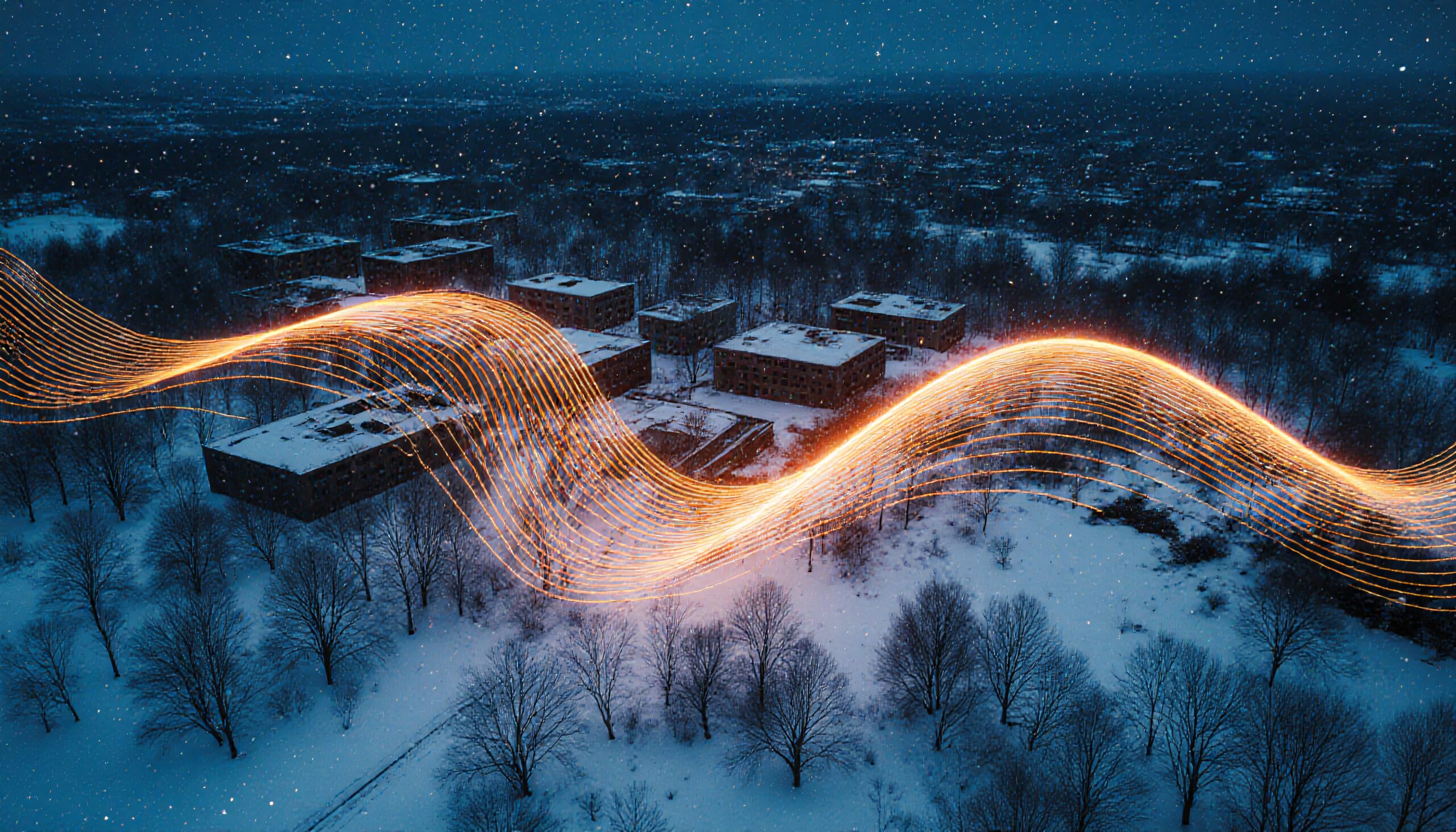 Snowy Cityscape with Light Waves