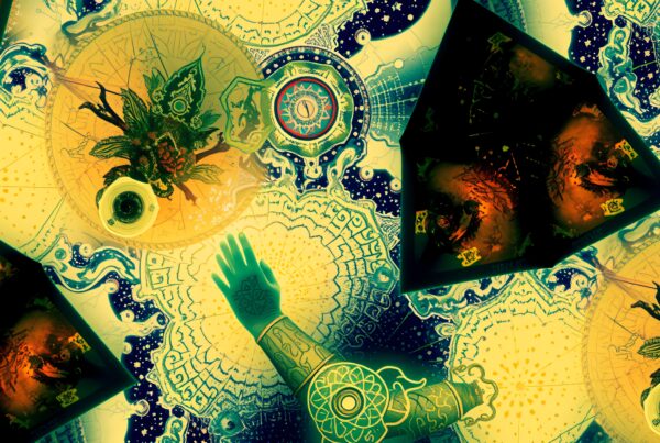 Surreal artwork combining cosmic elements with geometric patterns and botanical motifs.