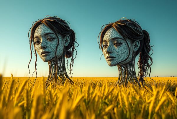 Surrealistic female heads in a golden wheat field under a blue sky.