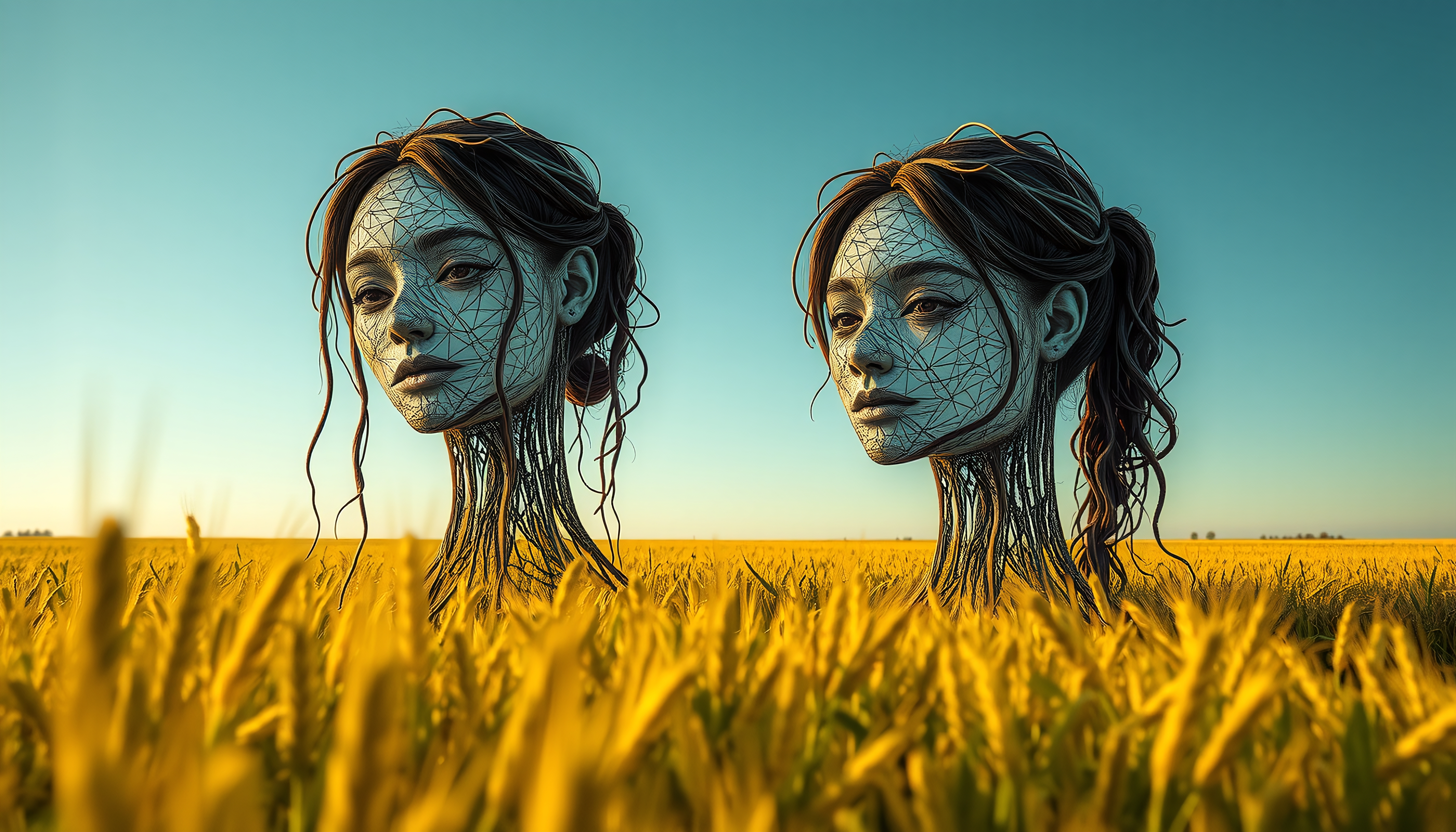 Surreal Heads in Wheat Field