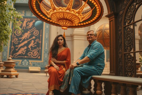 A couple in vibrant traditional attire sits beneath a golden chandelier in an elegantly decorated room.