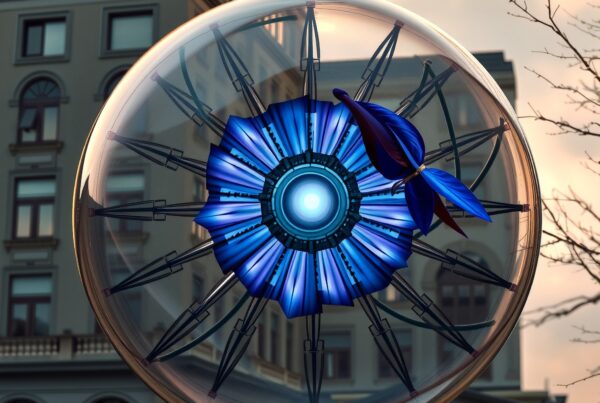 A futuristic blue flower sculpture in a glass sphere set against a city building facade at sunset.